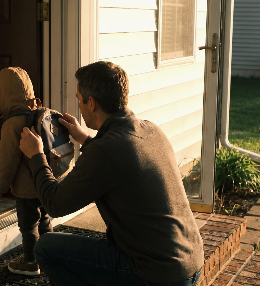 A parent fastening a child’s backpack in a doorway, the routine at the centre of an Illinois parenting case