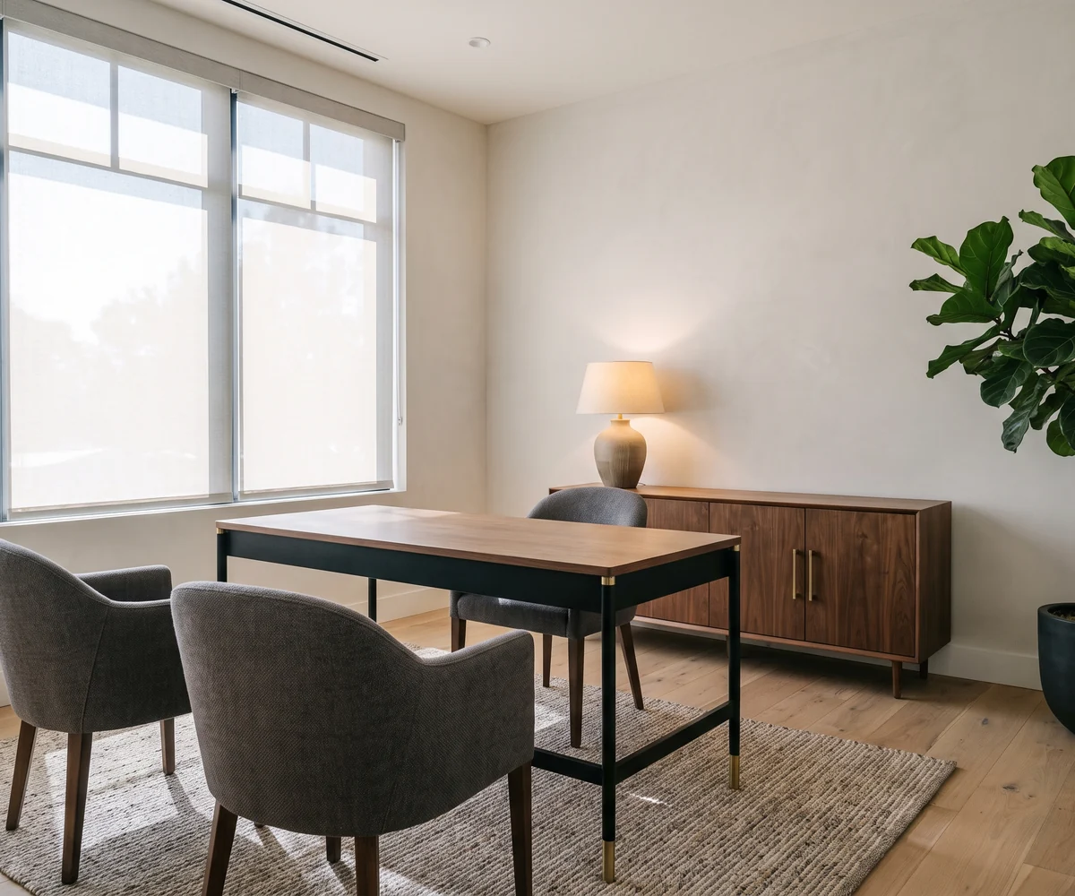 A contemporary law office with a walnut desk, client chairs and a large window